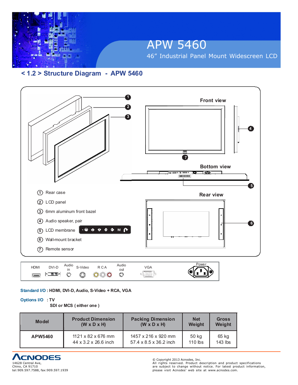 Apw 5460, Ap-w46 nap-w46, 46” industrial panel mount widescreen lcd | Acnodes APW 5460 User Manual | Page 6 / 18