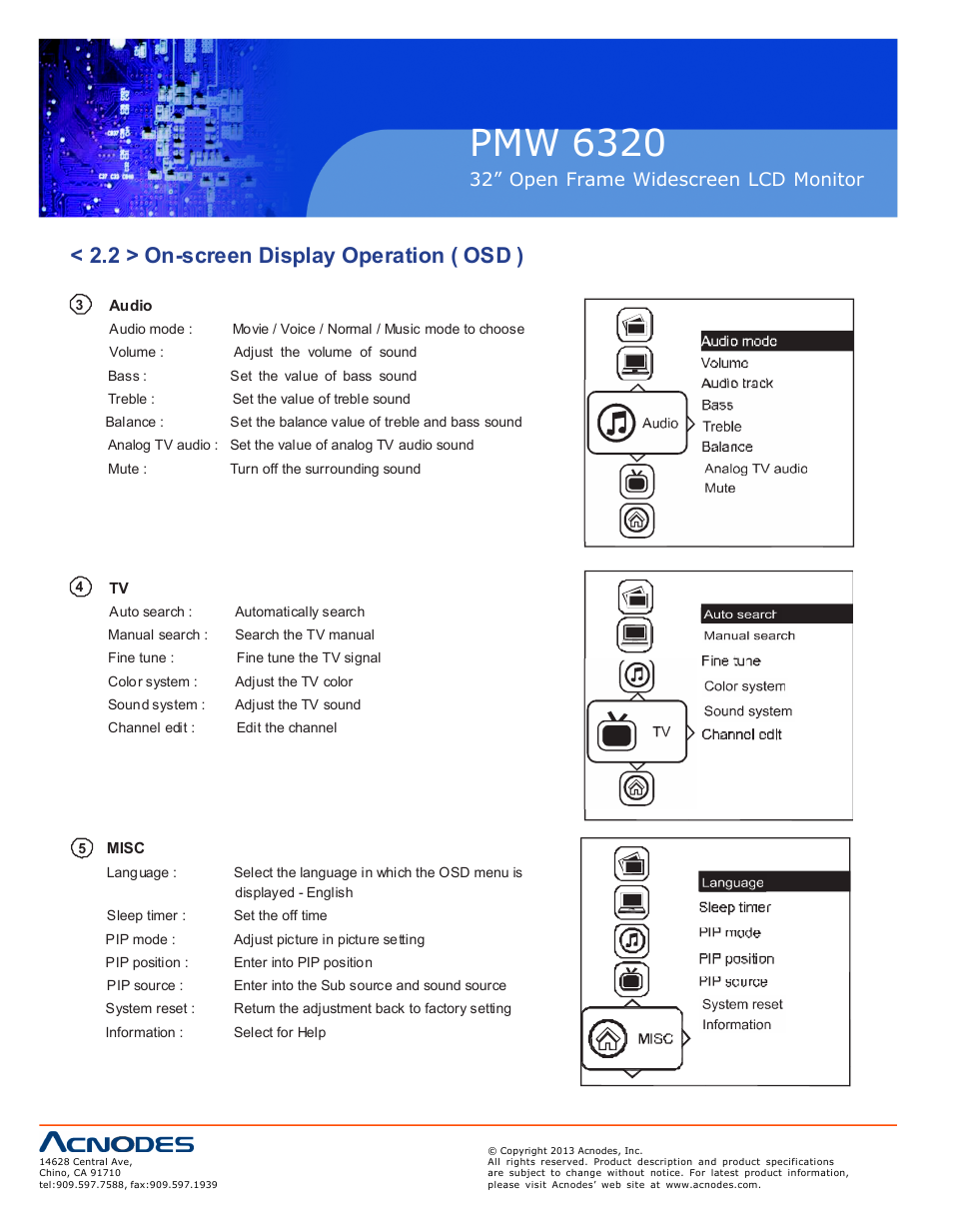 Pmw 6320, 2 > on-screen display operation ( osd ), 32” open frame widescreen lcd monitor | Acnodes PMW 6320 User Manual | Page 12 / 20