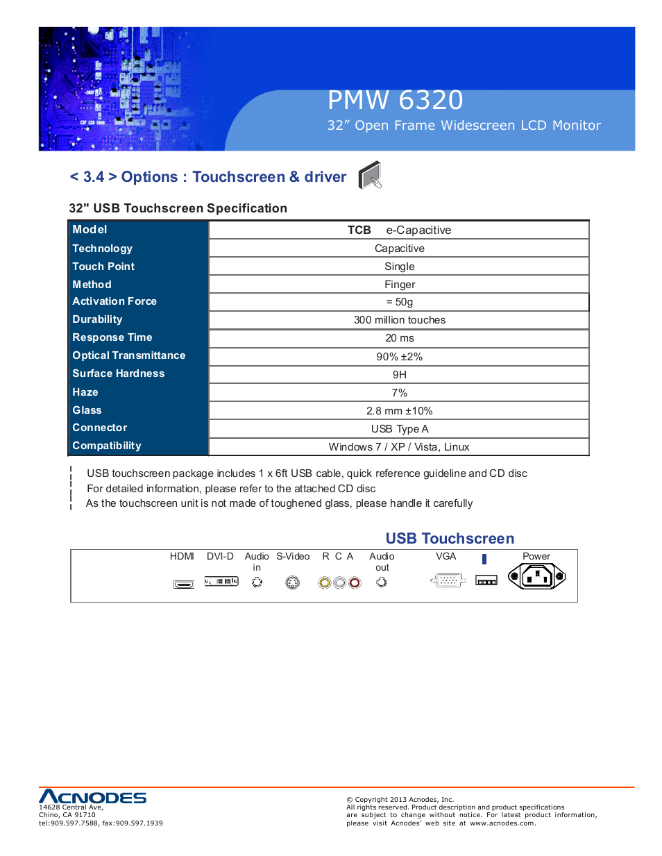 Pmw 6320, 4 > options : touchscreen & driver, Usb touchscreen | Acnodes PMW 6320 User Manual | Page 17 / 20