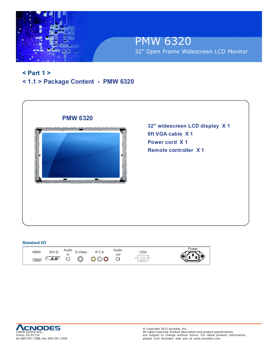 Pmw 6320, 32” open frame widescreen lcd monitor | Acnodes PMW 6320 User Manual | Page 5 / 20