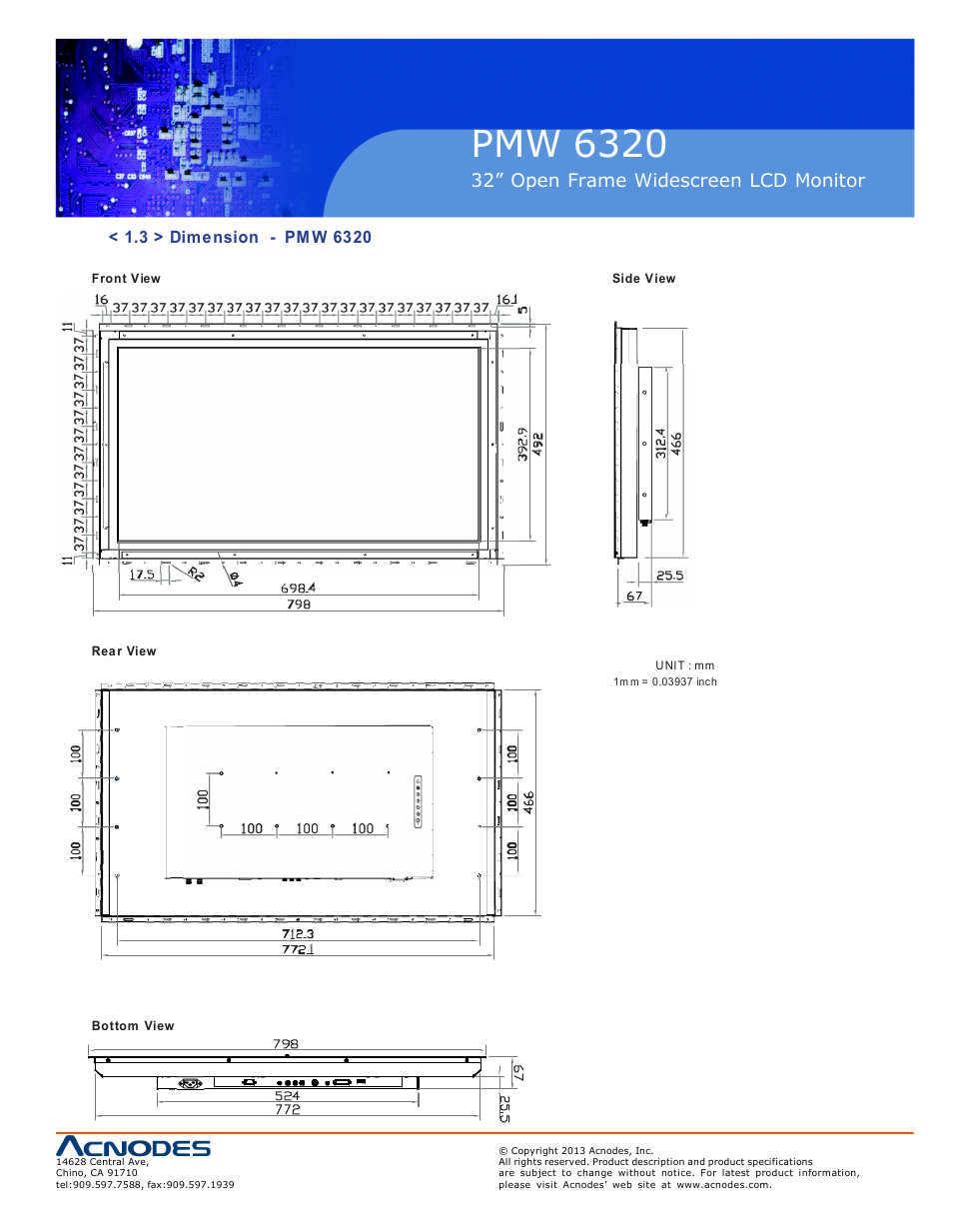 Pmw 6320, Op-w32, 32” open frame widescreen lcd monitor | Acnodes PMW 6320 User Manual | Page 7 / 20