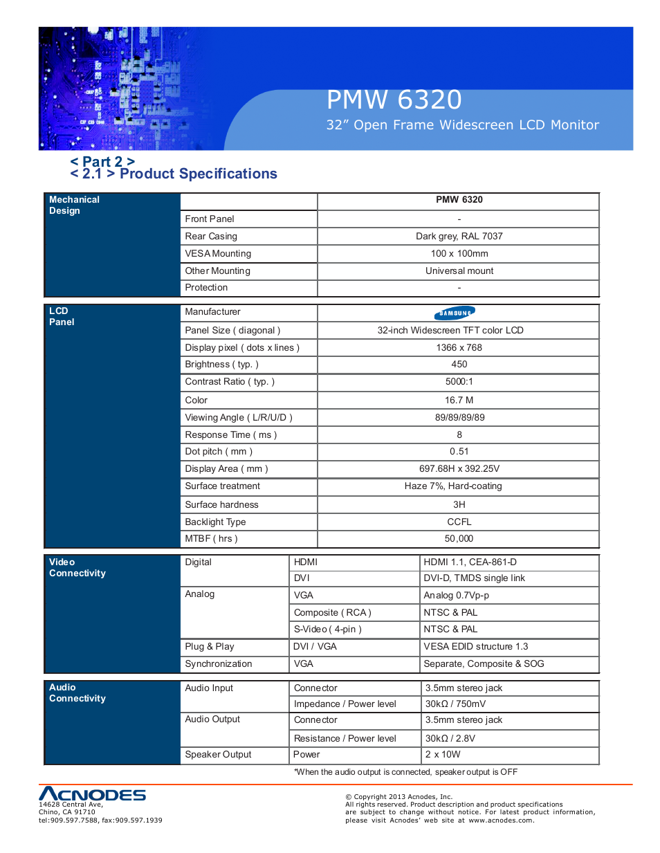 Pmw 6320, Part 2 > < 2.1 > product specifications, 32” open frame widescreen lcd monitor | Acnodes PMW 6320 User Manual | Page 9 / 20