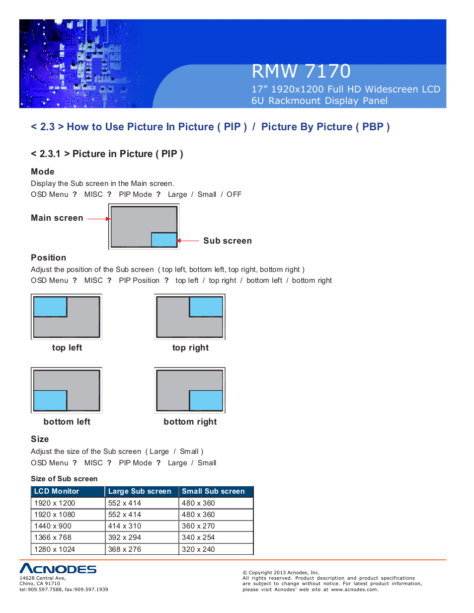 Rmw 71 70, 1 > picture in picture ( pip ) | Acnodes RMW 7170 User Manual | Page 12 / 19