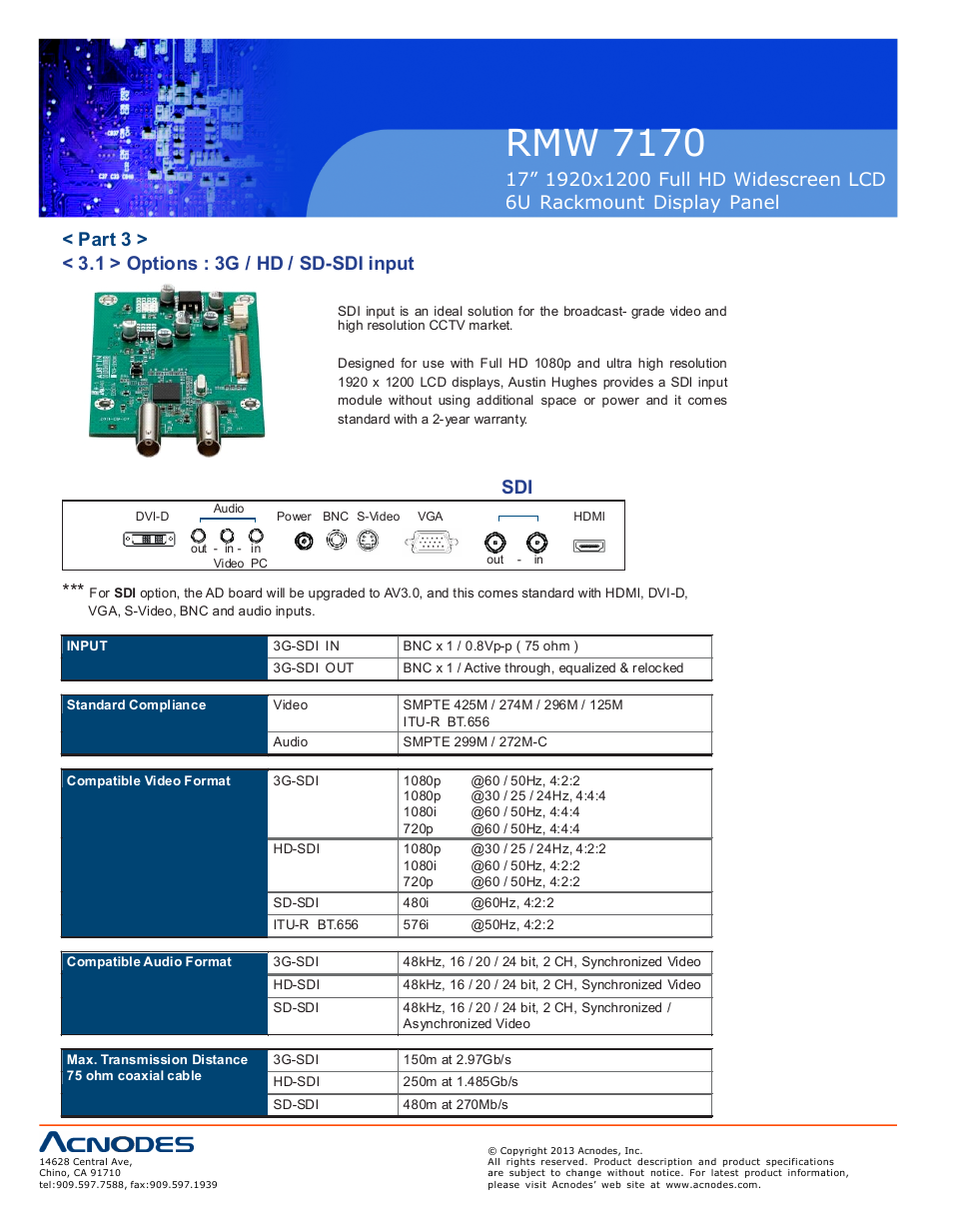 Rmw 71 70, Part 3 > < 3.1 > options : 3g / hd / sd-sdi input | Acnodes RMW 7170 User Manual | Page 14 / 19