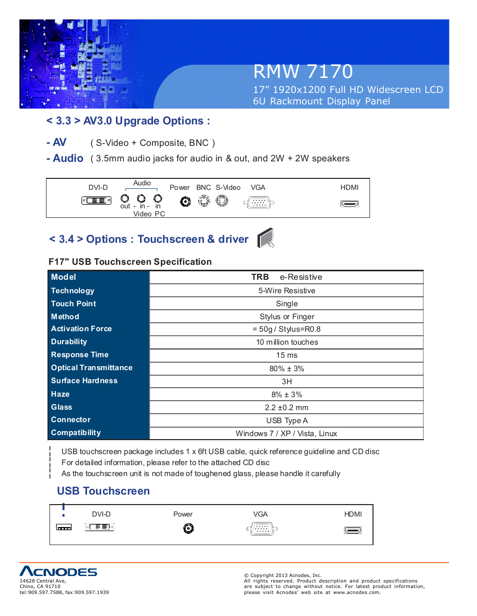 Rmw 71 70, 3 > av3.0 upgrade options : - av - audio, 4 > options : touchscreen & driver | Usb touchscreen | Acnodes RMW 7170 User Manual | Page 16 / 19
