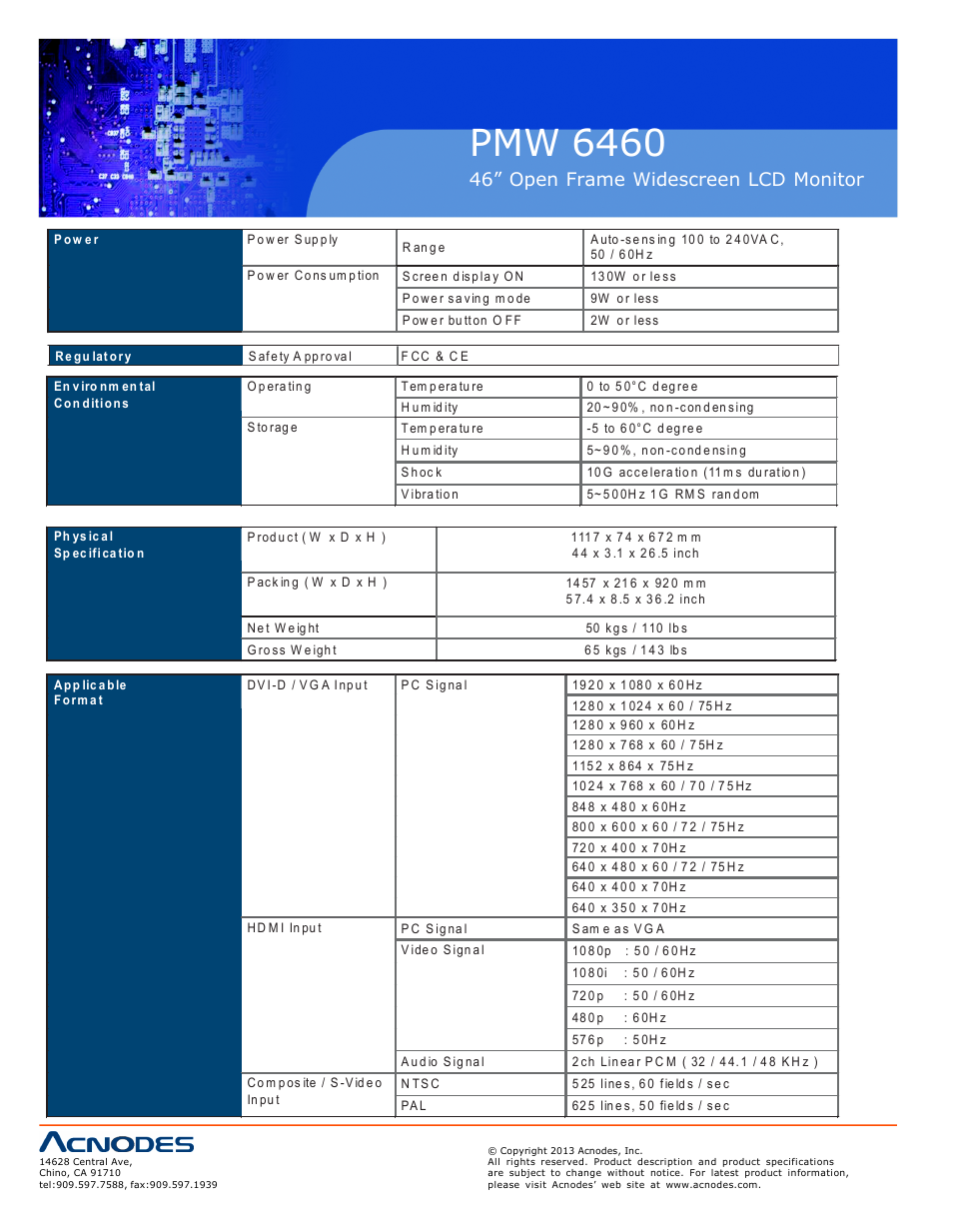 Pmw 6460, 46” open frame widescreen lcd monitor | Acnodes PMW 6460 User Manual | Page 10 / 18