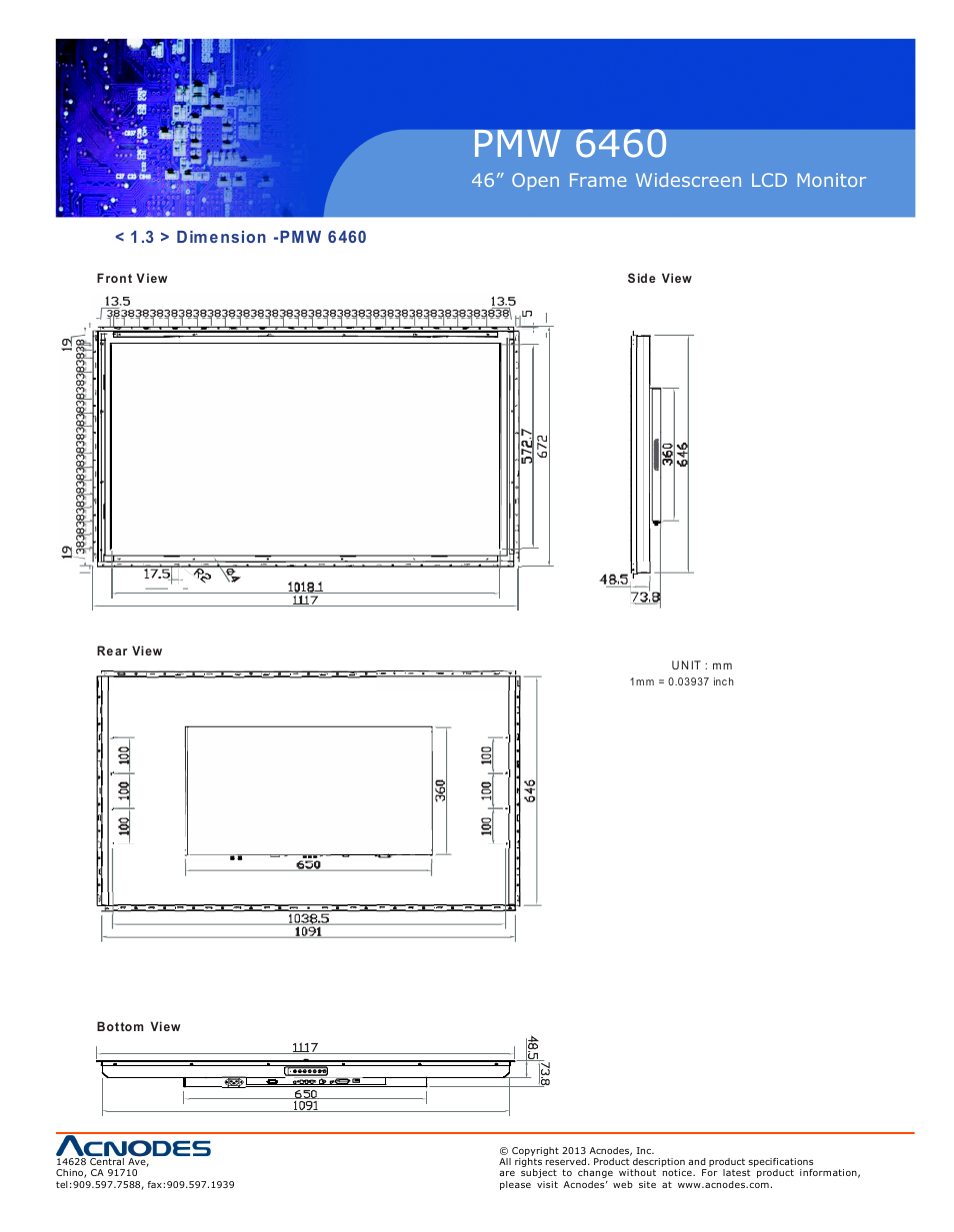 Pmw 6460, Op-w46, 46” open frame widescreen lcd monitor | Acnodes PMW 6460 User Manual | Page 7 / 18