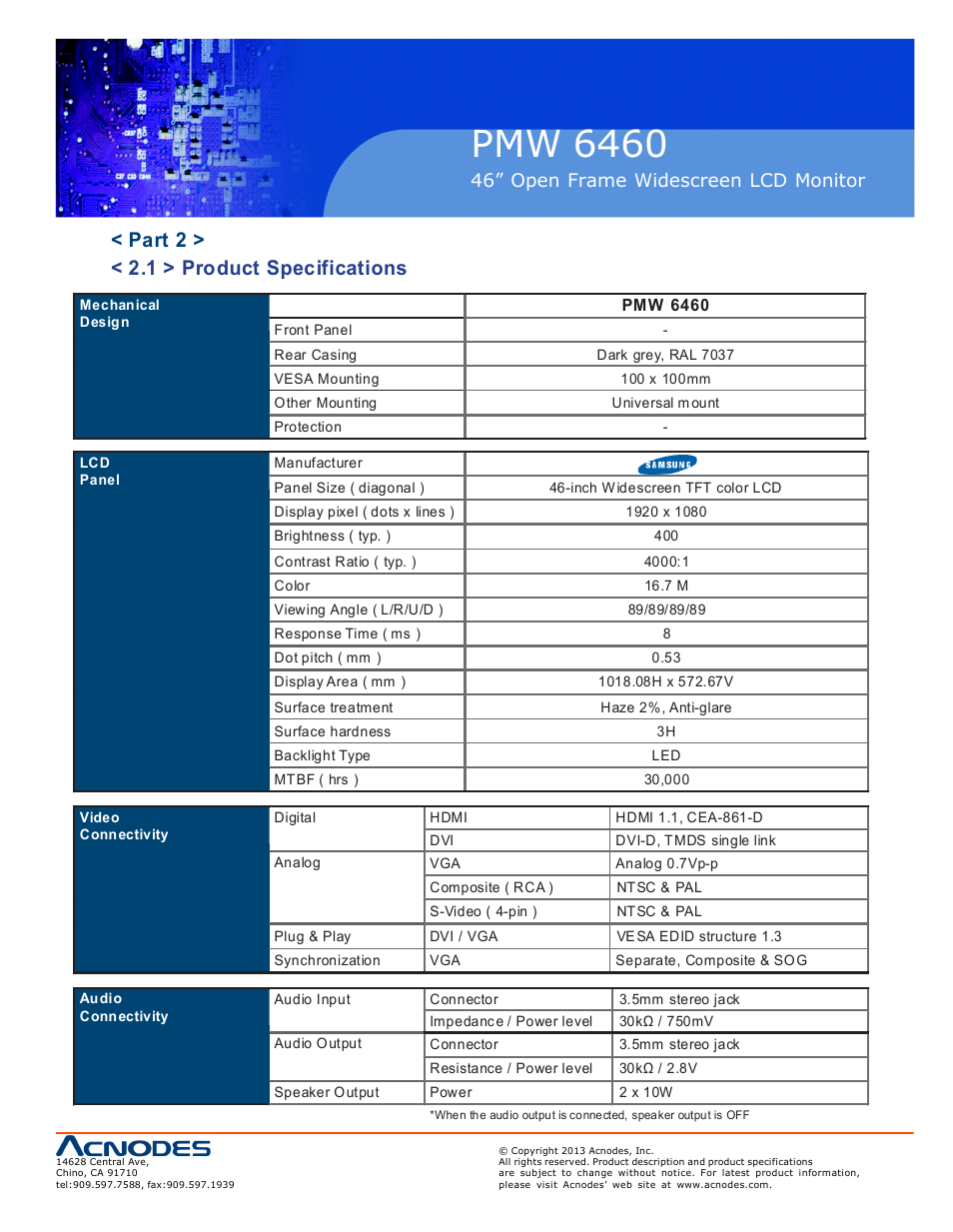 Pmw 6460, Part 2 > < 2.1 > product specifications, 46” open frame widescreen lcd monitor | Acnodes PMW 6460 User Manual | Page 9 / 18