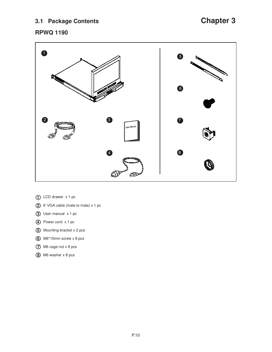 Chapter 3, 1 package contents, Rpwq 1190 | Acnodes RMQ 8170 User Manual | Page 14 / 46