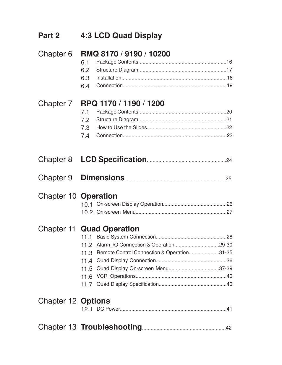 Part 2 4:3 lcd quad display, Chapter 8 lcd specification, Chapter 9 dimensions | Chapter 10 operation, Chapter 11 quad operation, Chapter 12 options, Chapter 13 troubleshooting | Acnodes RMQ 8170 User Manual | Page 3 / 46