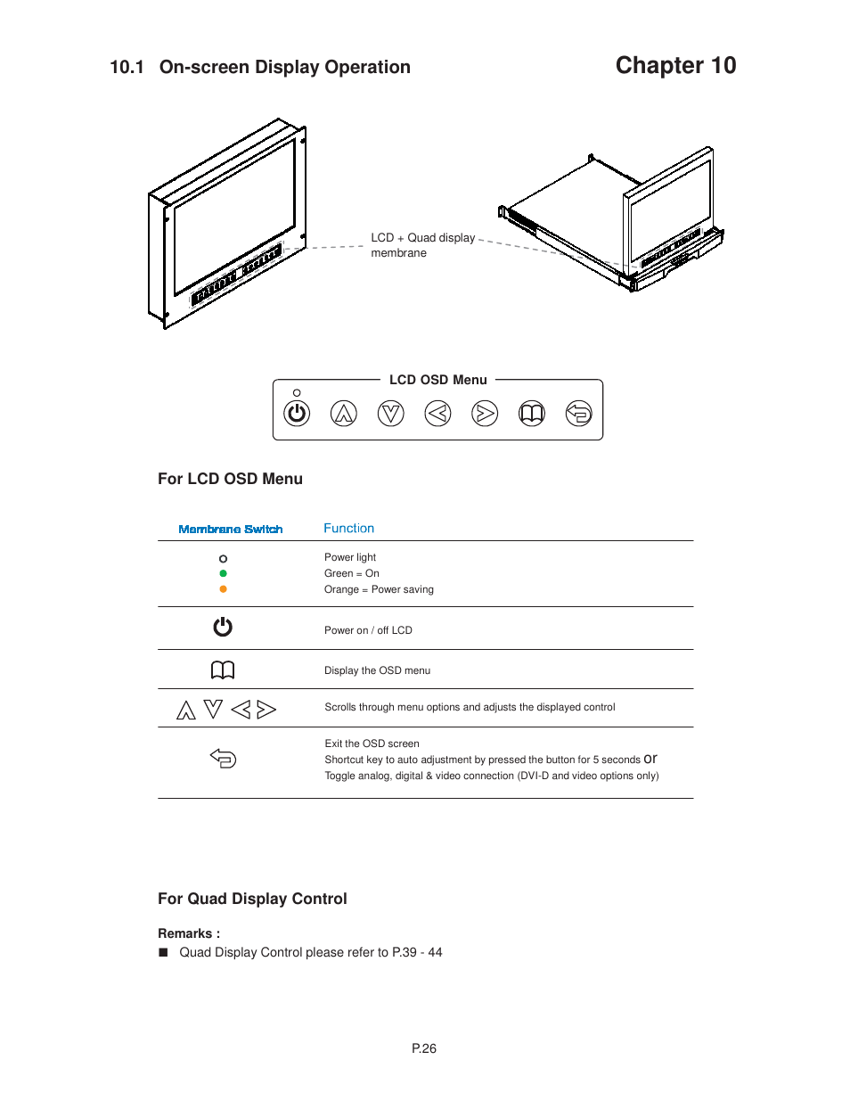 Chapter 10, 1 on-screen display operation, For lcd osd menu | For quad display control | Acnodes RMQ 8170 User Manual | Page 30 / 46