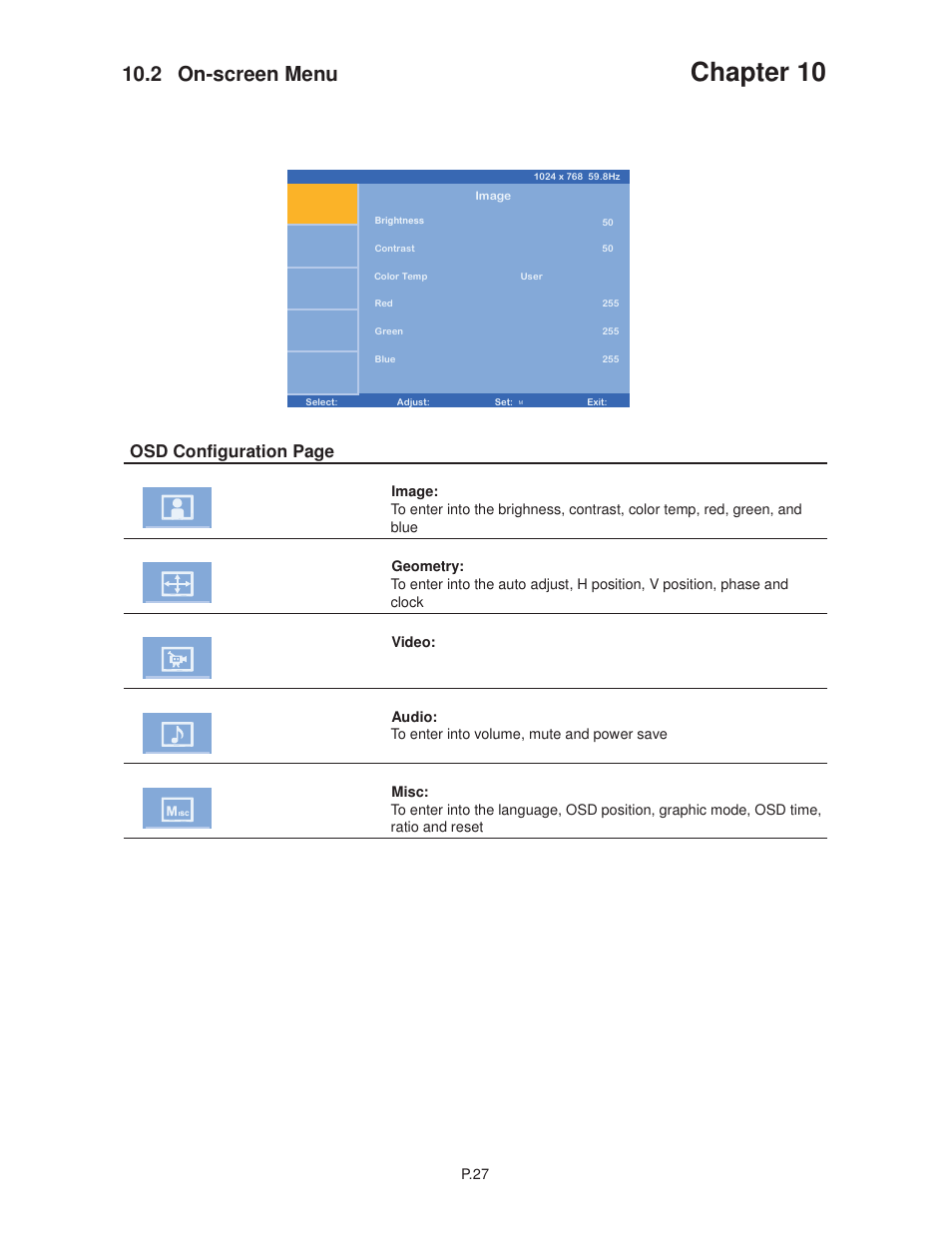 Chapter 10, 2 on-screen menu, Osd configuration page | Acnodes RMQ 8170 User Manual | Page 31 / 46