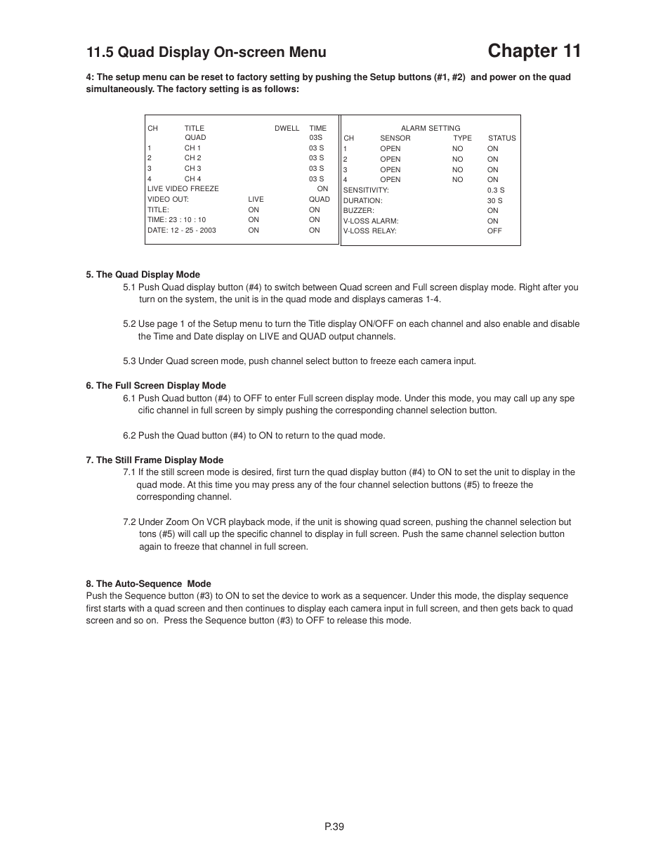 Chapter 11, 5 quad display on-screen menu | Acnodes RMQ 8170 User Manual | Page 43 / 46
