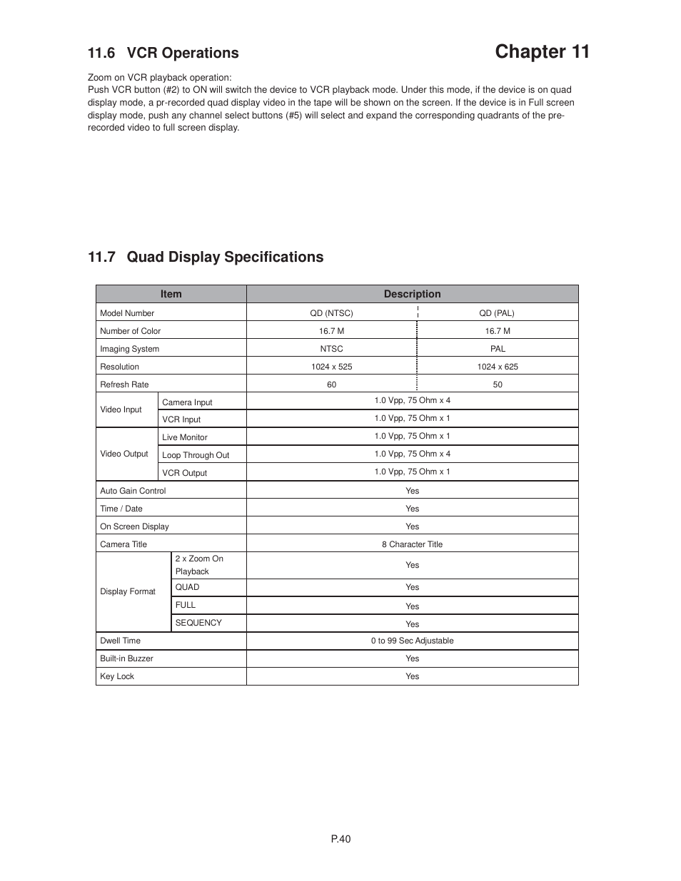 Chapter 11, 6 vcr operations, 7 quad display specifications | Acnodes RMQ 8170 User Manual | Page 44 / 46