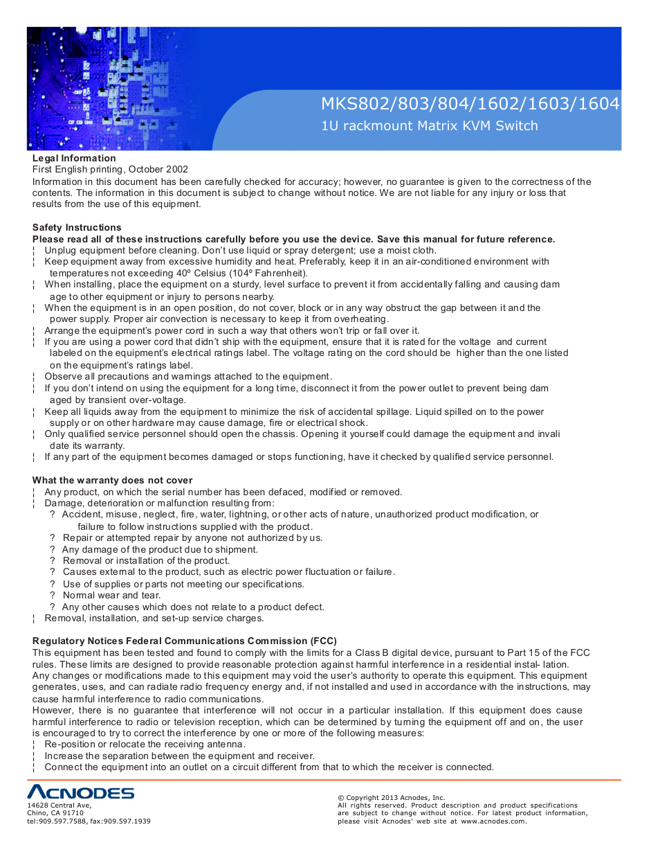 1u rackmount matrix kvm switch | Acnodes MKS 804 User Manual | Page 2 / 15