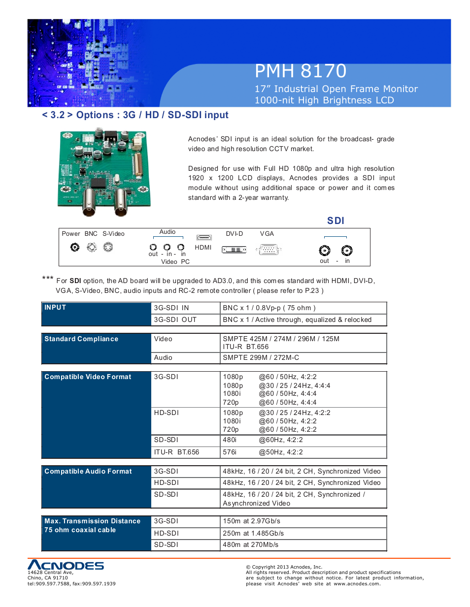 Pmh 81 70, 2 > options : 3g / hd / sd-sdi input, S di | Acnodes PMH 8170 User Manual | Page 13 / 23