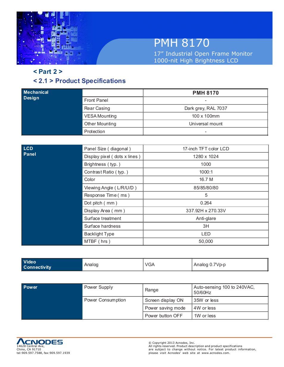 Pmh 81 70, Part 2 > < 2.1 > product specifications | Acnodes PMH 8170 User Manual | Page 9 / 23