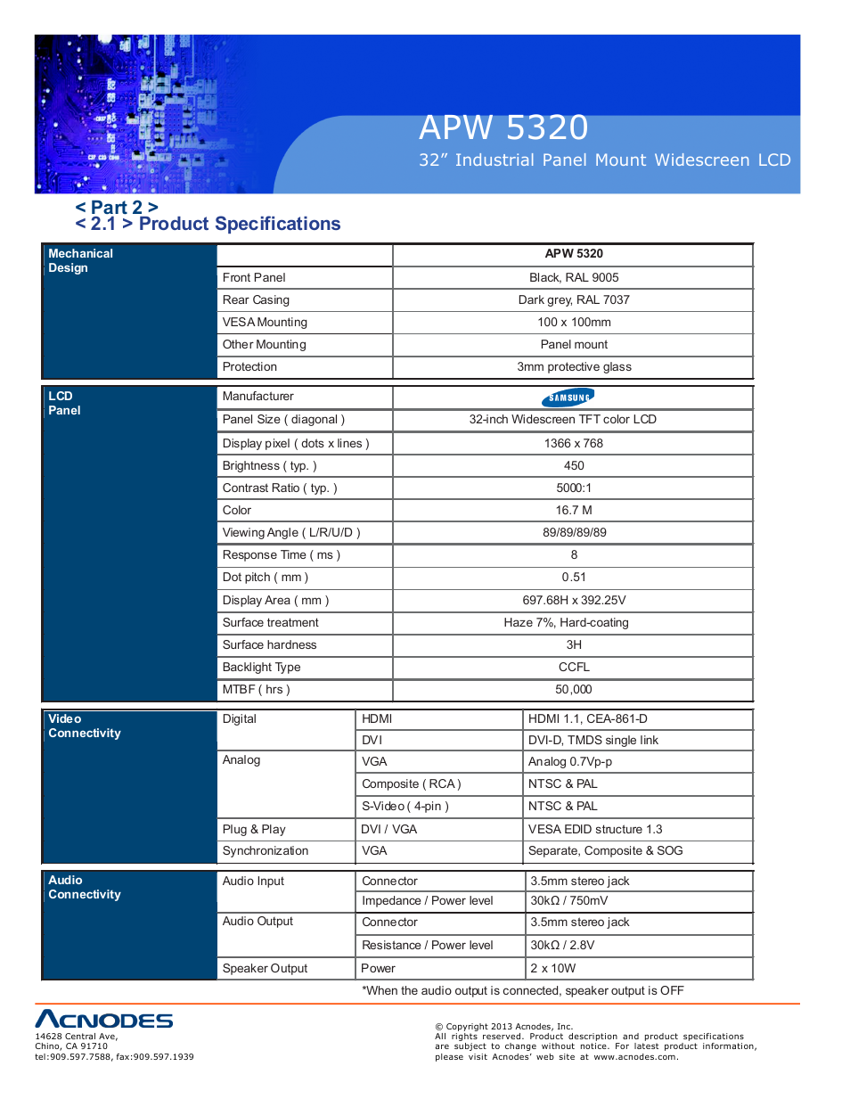 Apw 5320, Part 2 > < 2.1 > product specifications, 32” industrial panel mount widescreen lcd | Acnodes APW 5320 User Manual | Page 10 / 21