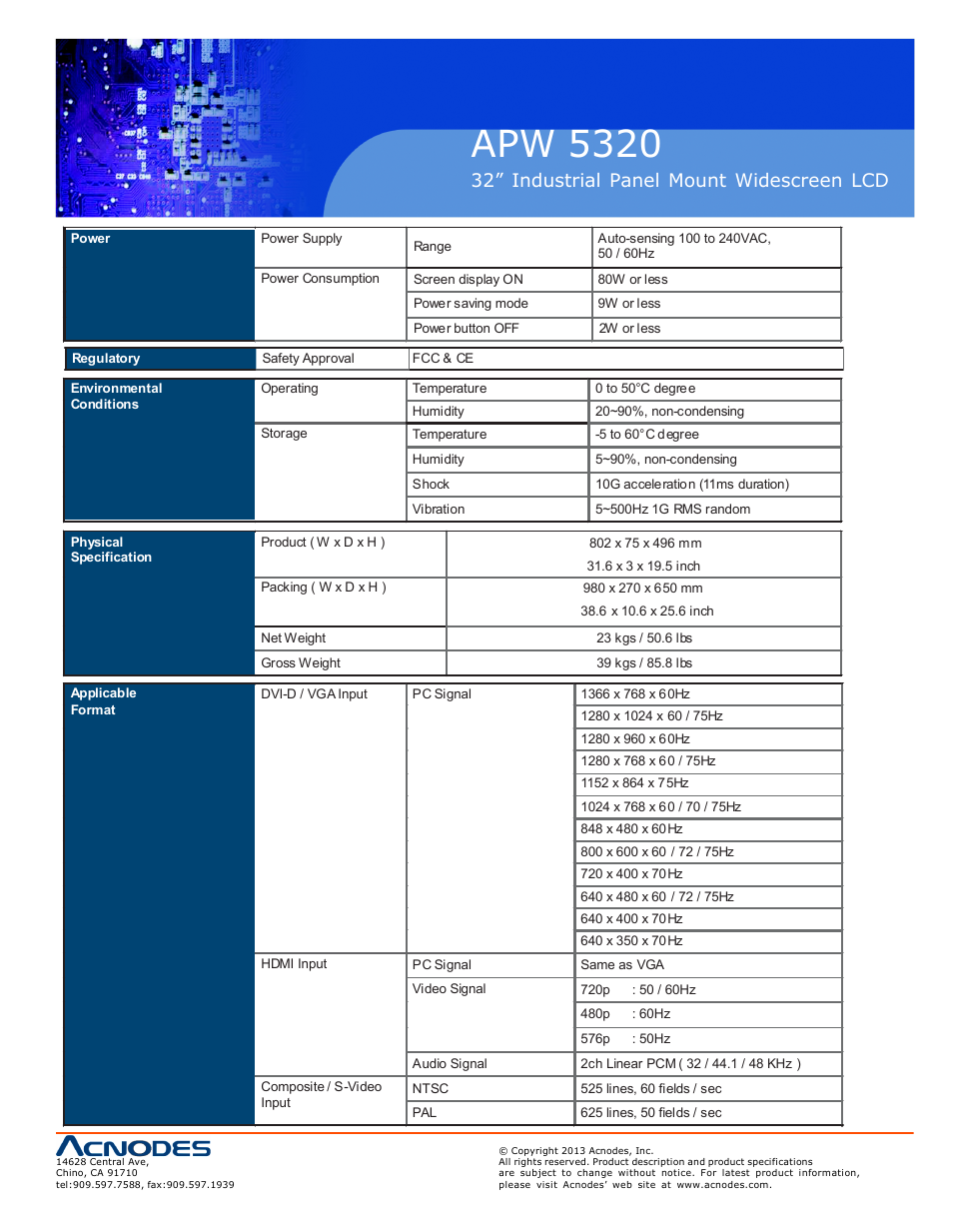 Apw 5320, 32” industrial panel mount widescreen lcd | Acnodes APW 5320 User Manual | Page 11 / 21
