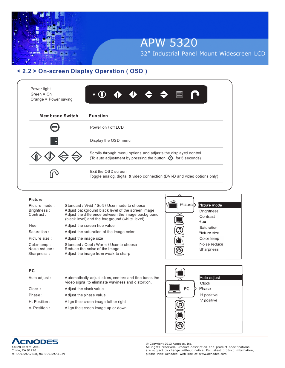 Apw 5320, 2 > on-screen display operation ( osd ), 32” industrial panel mount widescreen lcd | Acnodes APW 5320 User Manual | Page 12 / 21