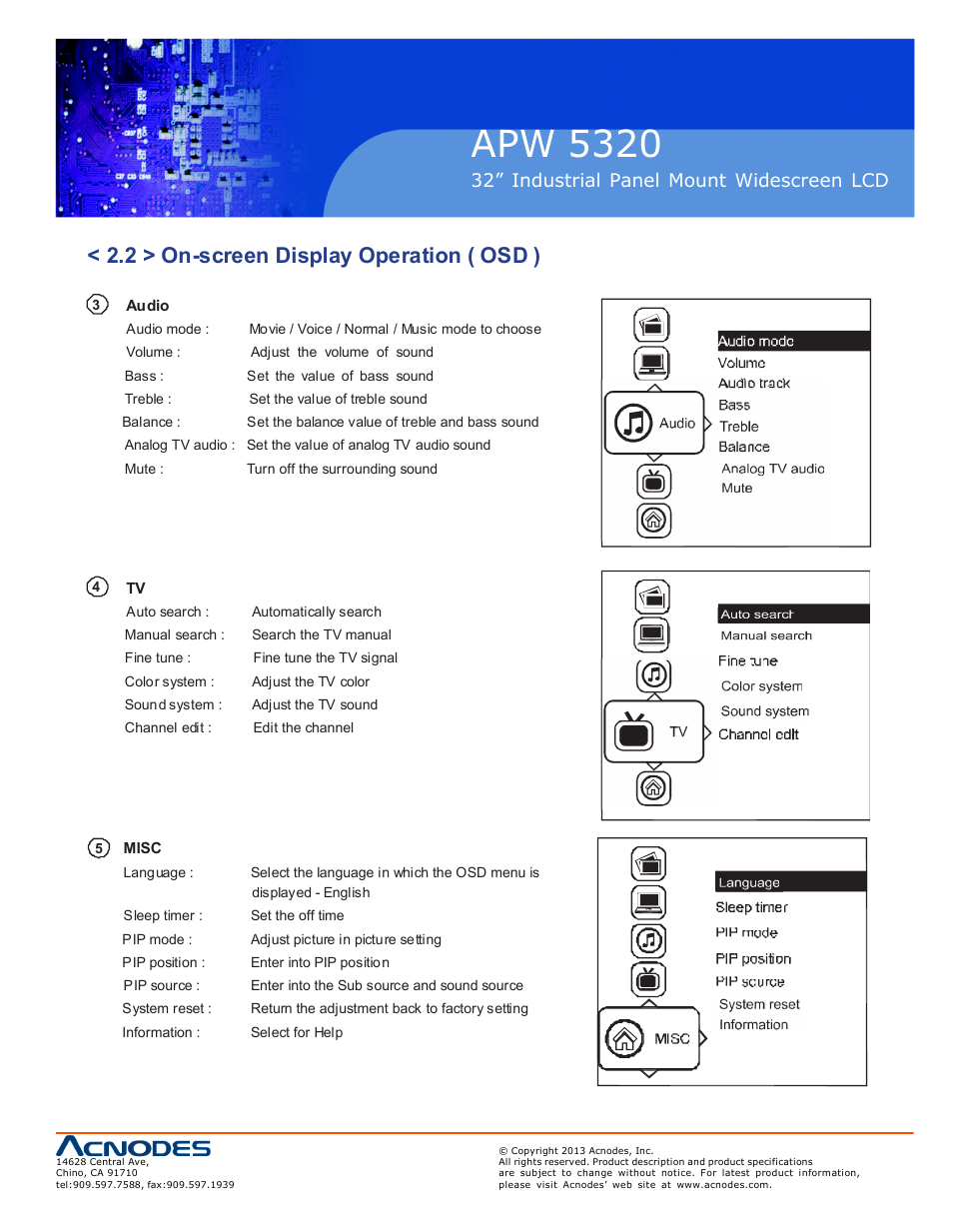 Apw 5320, 2 > on-screen display operation ( osd ), 32” industrial panel mount widescreen lcd | Acnodes APW 5320 User Manual | Page 13 / 21