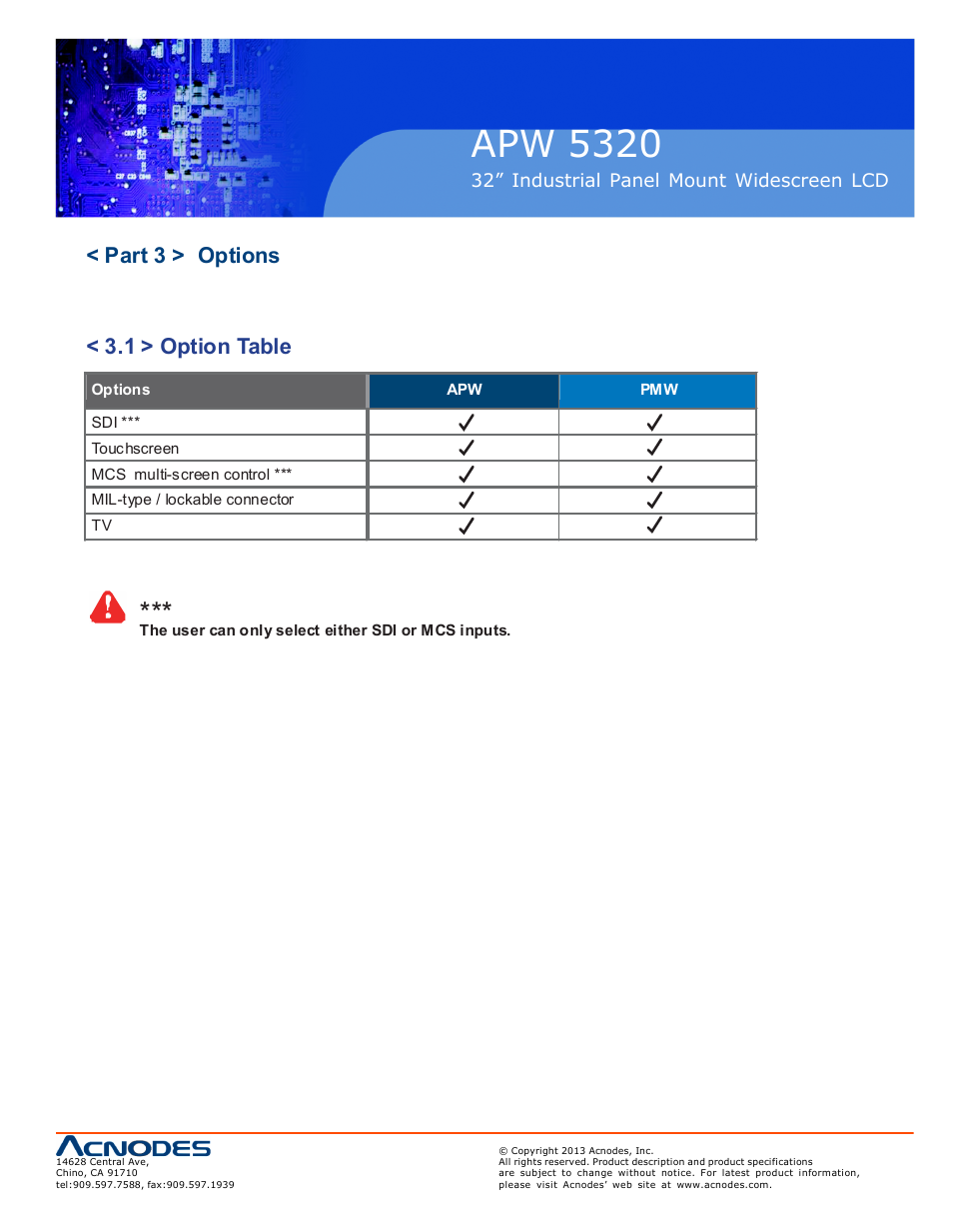 Apw 5320, Part 3 > options < 3.1 > option table | Acnodes APW 5320 User Manual | Page 15 / 21