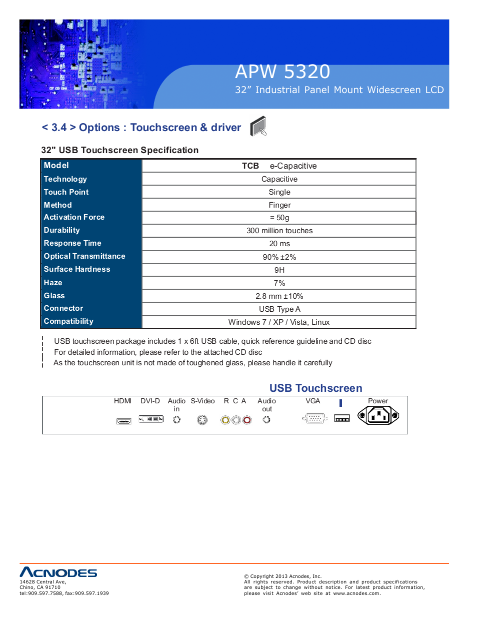 Apw 5320, 4 > options : touchscreen & driver, Usb touchscreen | Acnodes APW 5320 User Manual | Page 18 / 21
