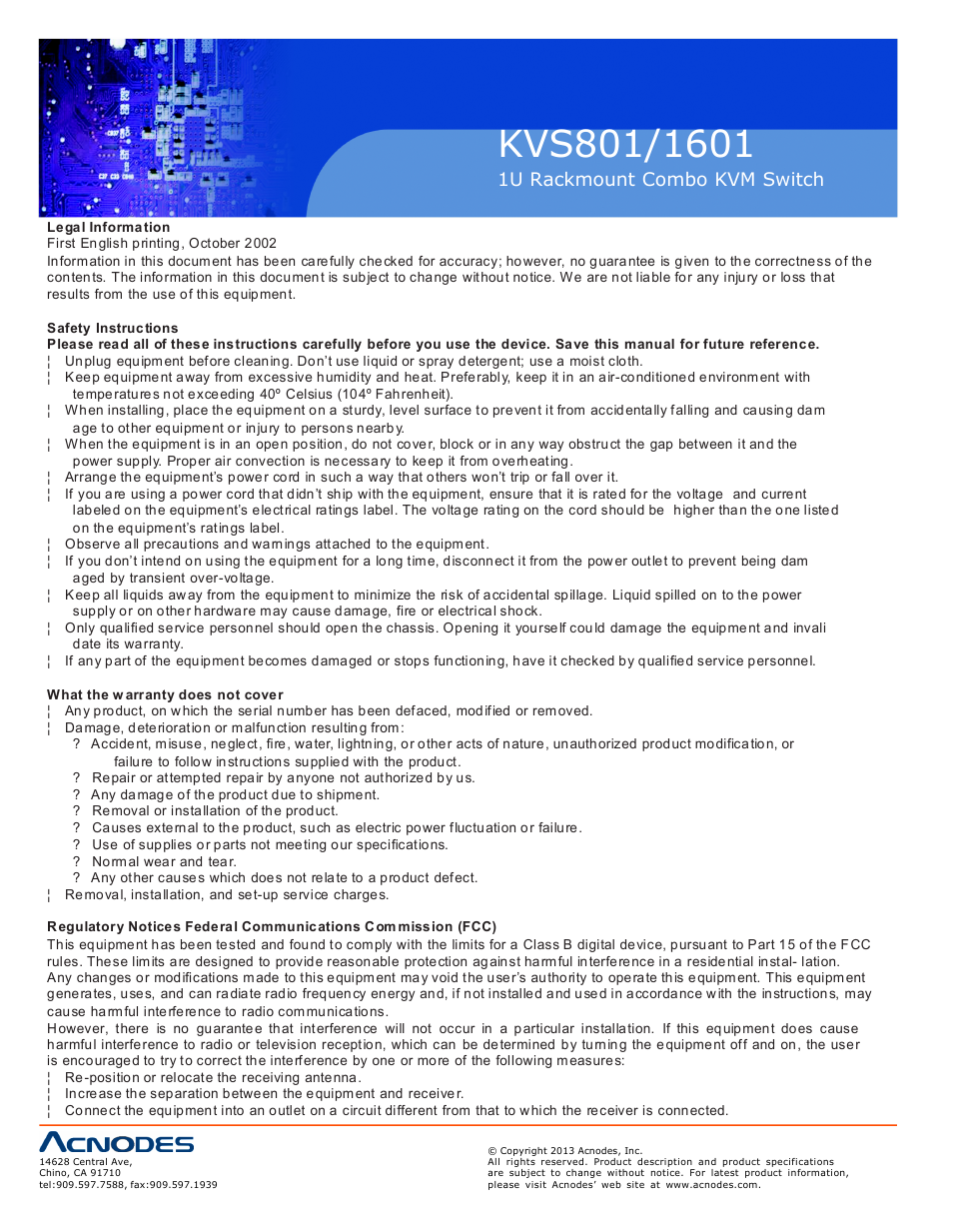1u rackmount c ombo kvm switch | Acnodes KVS 801 User Manual | Page 2 / 13