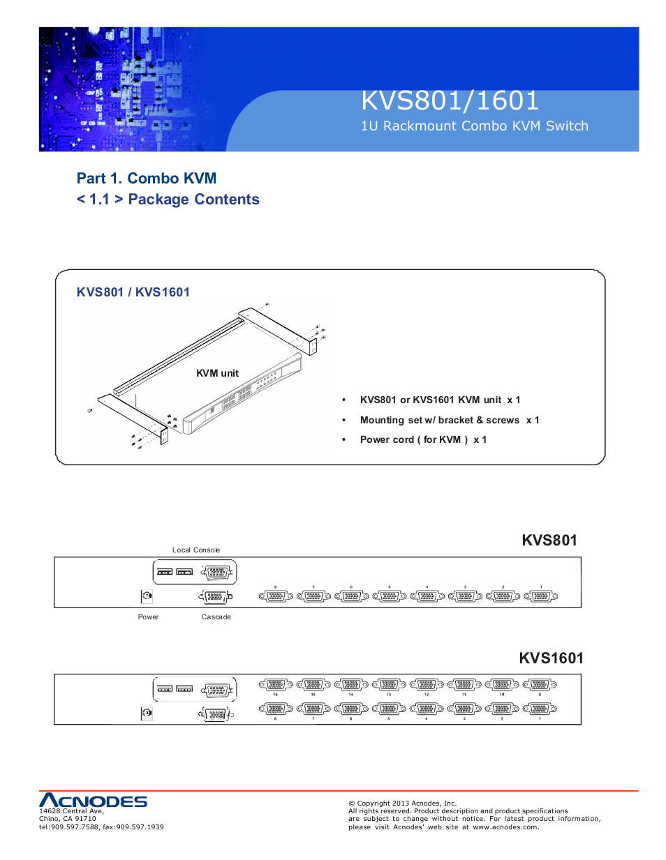 Part 1. combo kvm < 1.1 > package contents, Kvs801, Kvs1601 | 1u rackmount c ombo kvm switch | Acnodes KVS 801 User Manual | Page 5 / 13