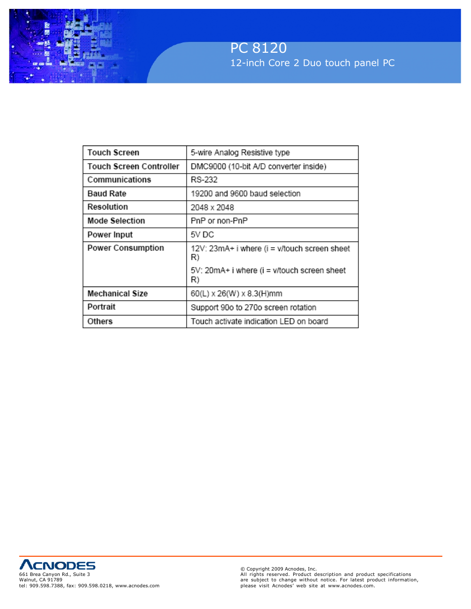 Pc 5150, Pc 8120, Inch touch panel pc | Inch core 2 duo touch panel pc | Acnodes PC 8120 User Manual | Page 46 / 51