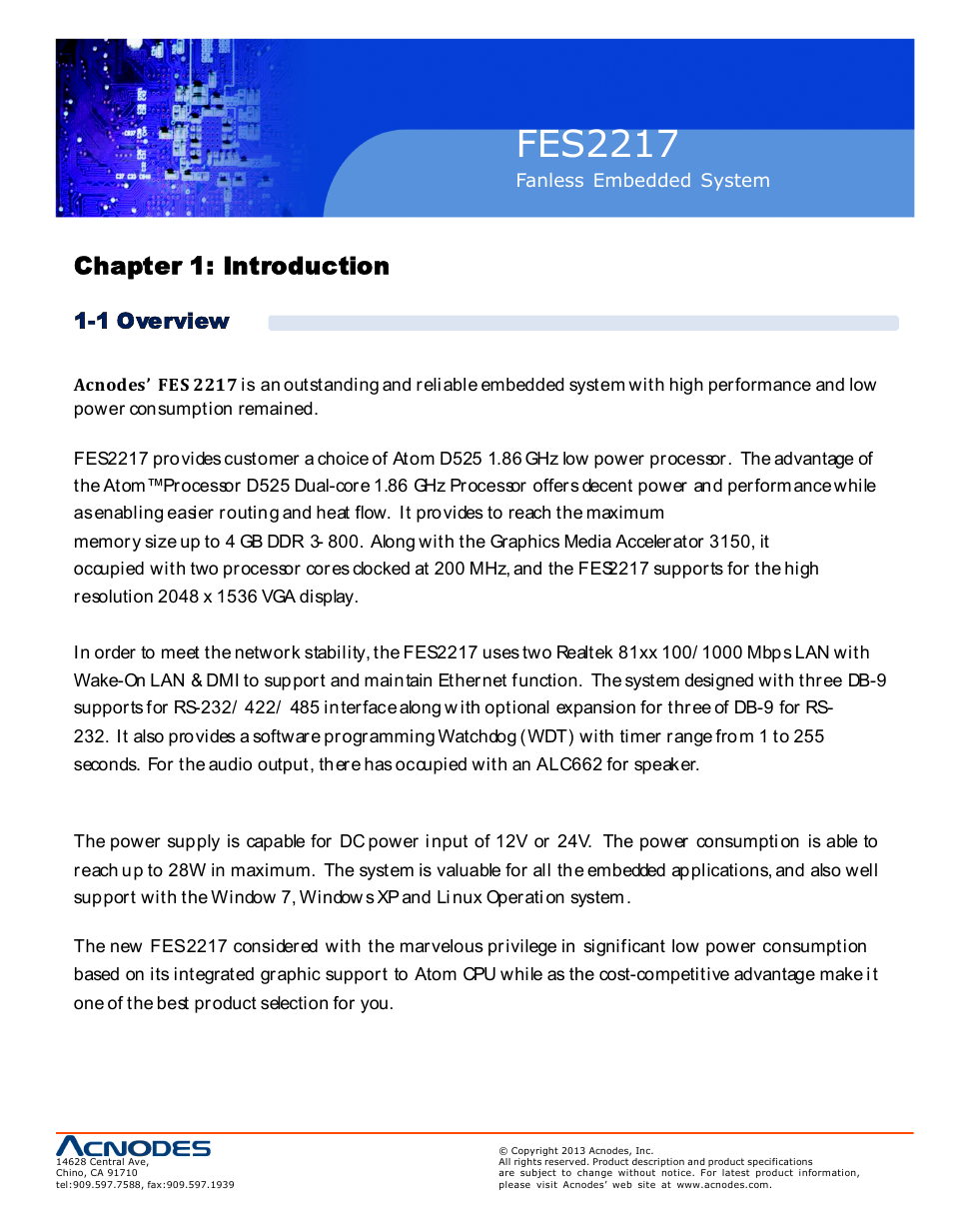 Fes221 7, Chapter 1: introduction, 1 overview | Acnodes FES 2217 User Manual | Page 5 / 33