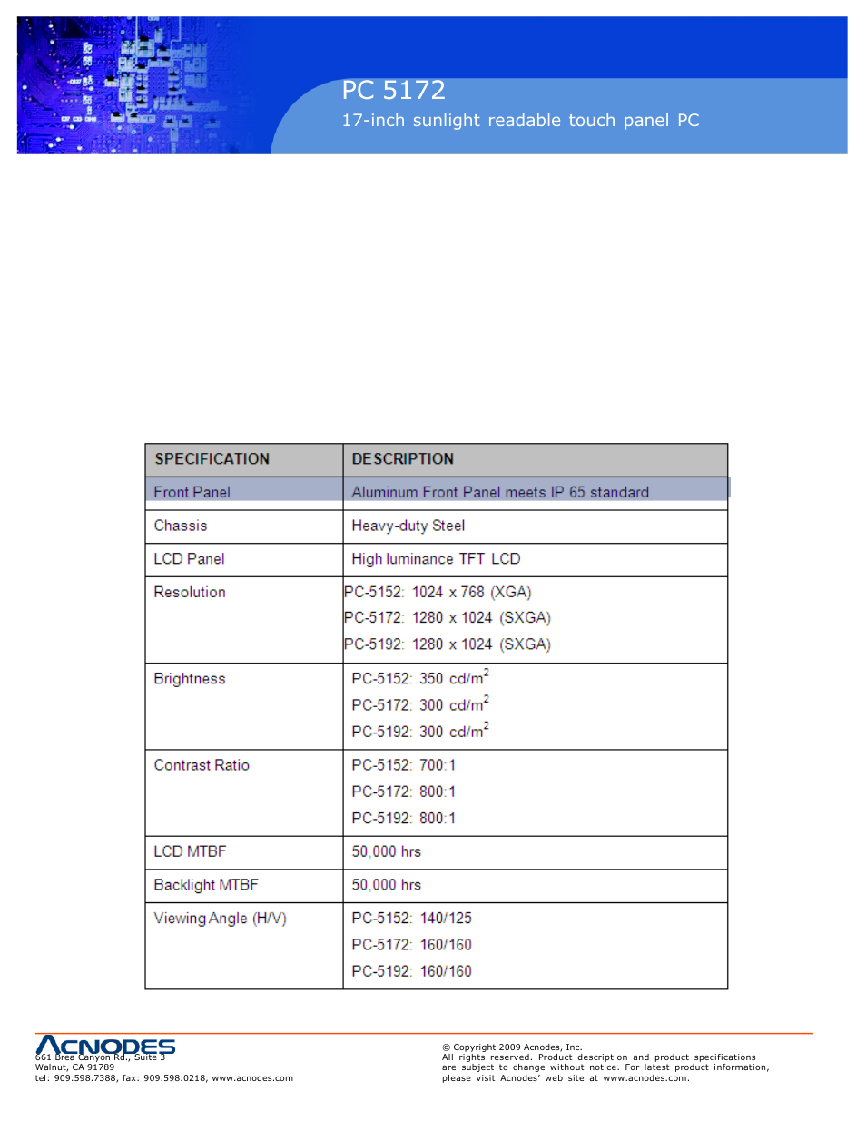 Pc 5150, Pc 5172, Inch touch panel pc | Inch sunlight readable touch panel pc | Acnodes PC 5172 User Manual | Page 10 / 104