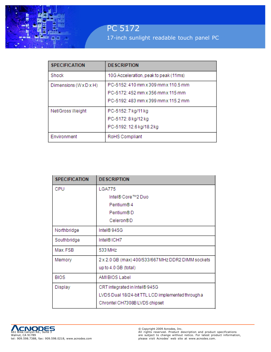 Pc 5150, Pc 5172, Inch touch panel pc | Inch sunlight readable touch panel pc | Acnodes PC 5172 User Manual | Page 12 / 104