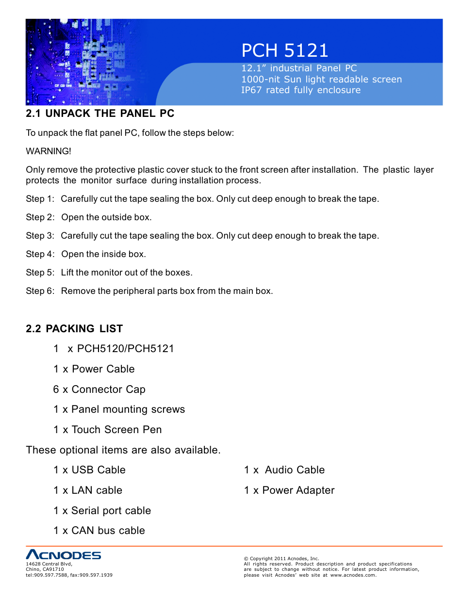 Pch 5121, 1 unpack the panel pc | Acnodes PCH 5121 User Manual | Page 14 / 82