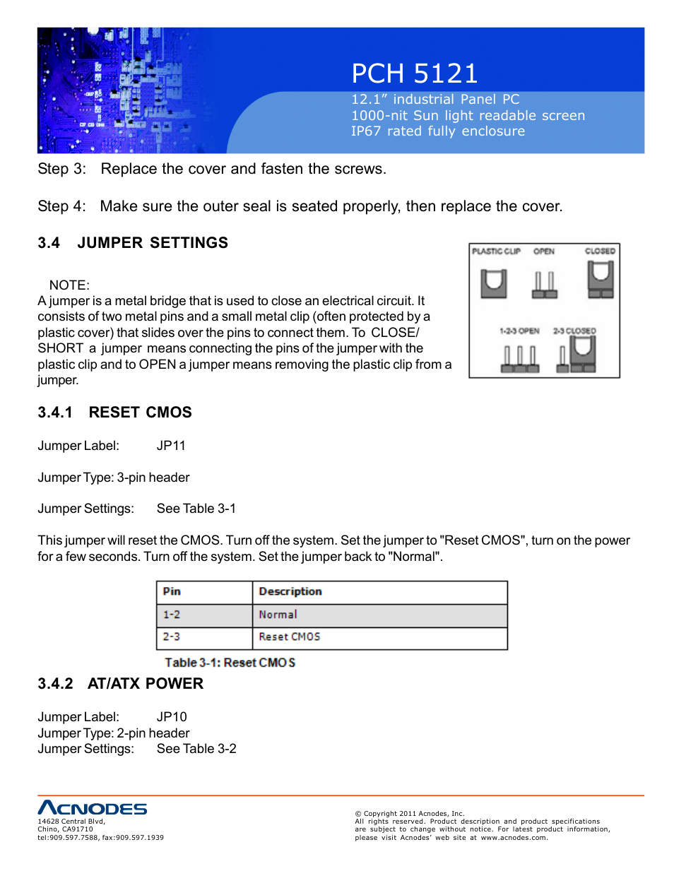 Pch 5121, 1 reset cmos, 2 at/atx power | Acnodes PCH 5121 User Manual | Page 18 / 82