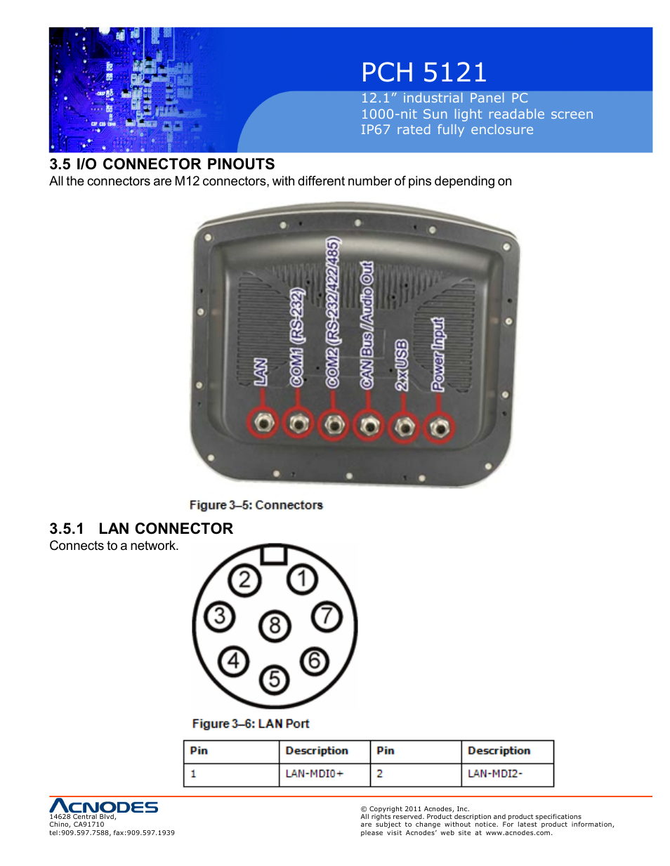 Pch 5121, 5 i/o connector pinouts, 1 lan connector | Acnodes PCH 5121 User Manual | Page 21 / 82