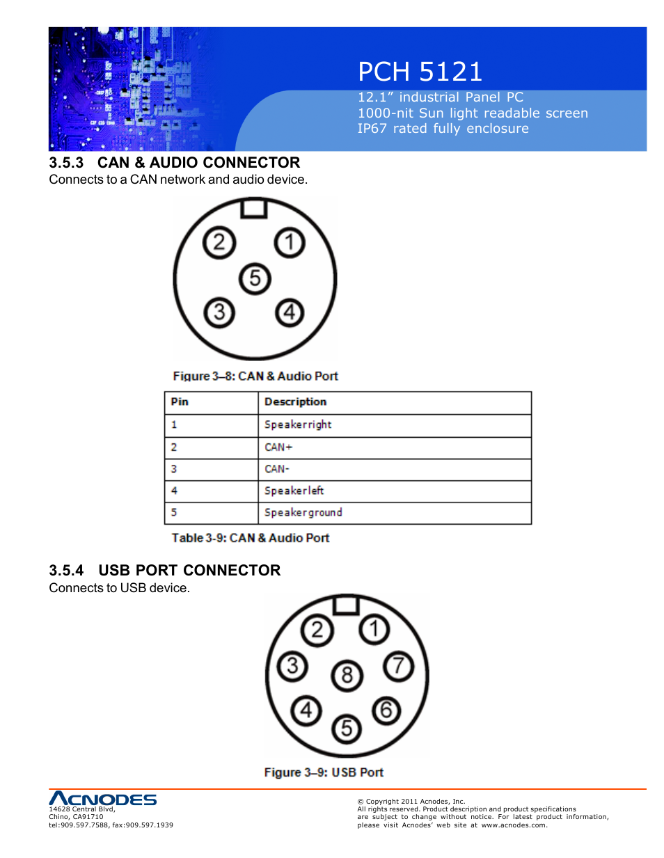 Pch 5121, 3 can & audio connector, 4 usb port connector | Acnodes PCH 5121 User Manual | Page 23 / 82