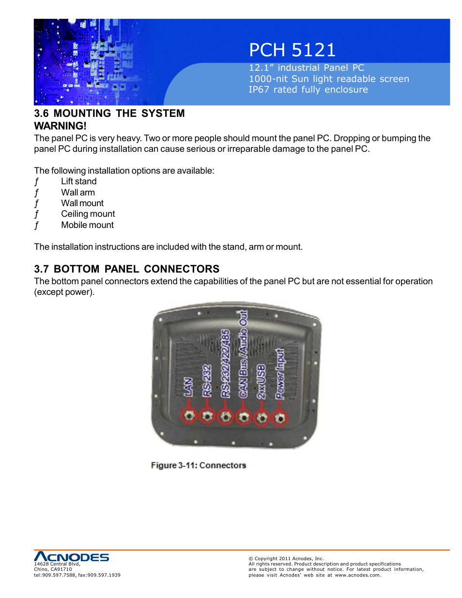 Pch 5121, 6 mounting the system warning, 7 bottom panel connectors | Acnodes PCH 5121 User Manual | Page 25 / 82