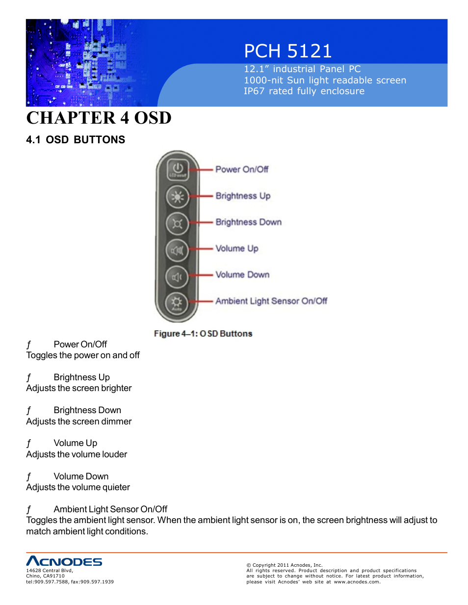 Pch 5121, Chapter 4 osd, 1 osd buttons | Acnodes PCH 5121 User Manual | Page 30 / 82