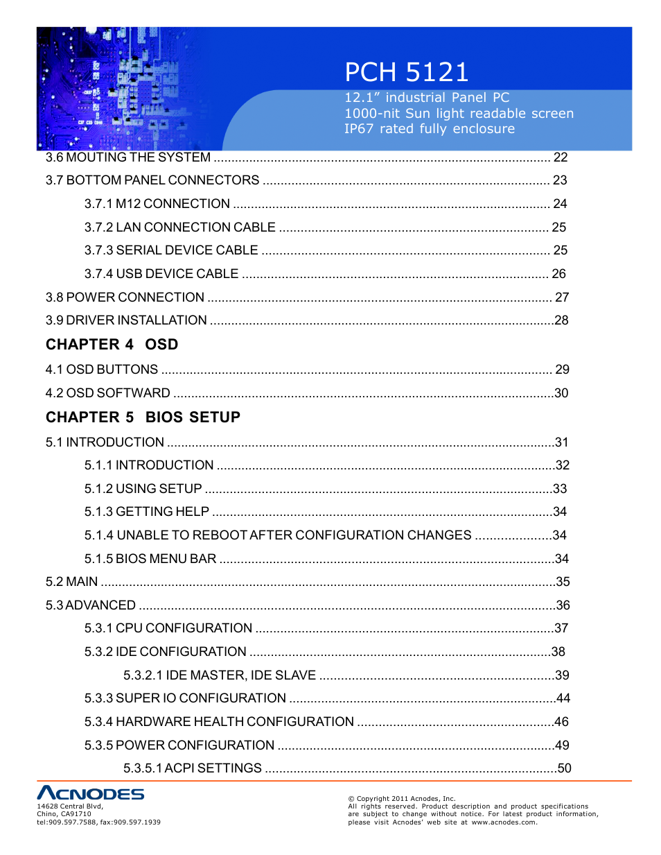 Pch 5121, Chapter 4 osd, Chapter 5 bios setup | Acnodes PCH 5121 User Manual | Page 4 / 82