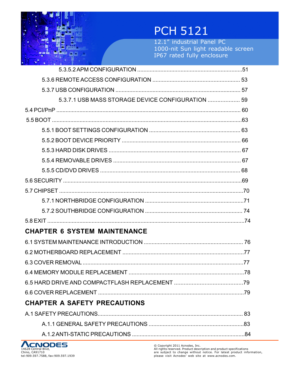 Pch 5121, Chapter 6 system maintenance, Chapter a safety precautions | Acnodes PCH 5121 User Manual | Page 5 / 82