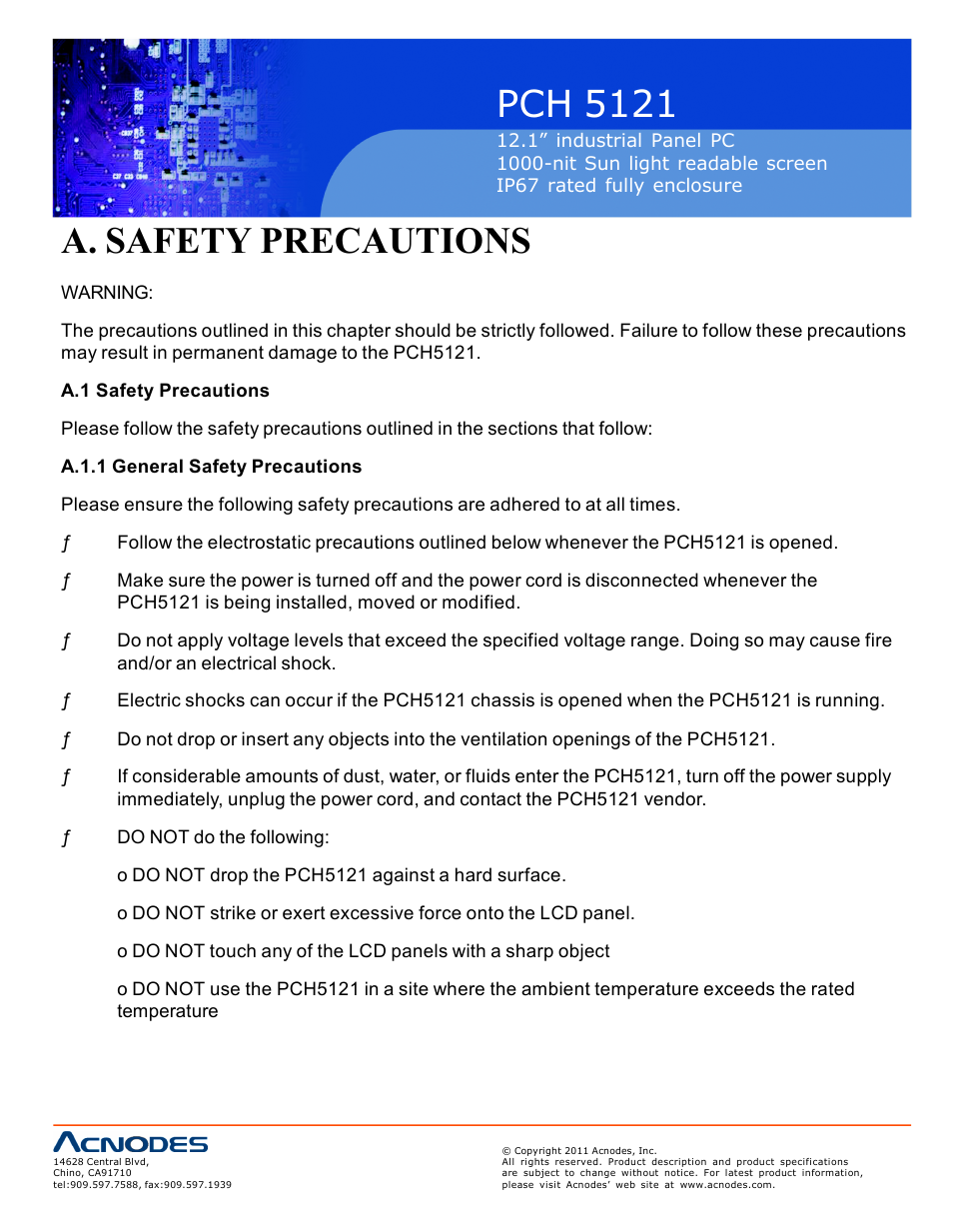 Pch 5121, A. safety precautions | Acnodes PCH 5121 User Manual | Page 72 / 82