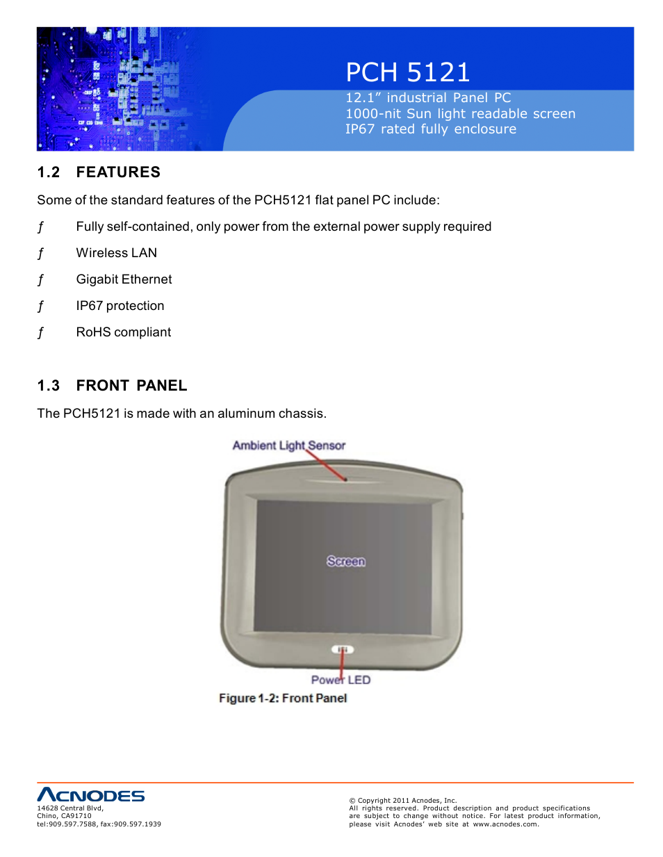 Pch 5121, 2 features, 3 front panel | Acnodes PCH 5121 User Manual | Page 8 / 82