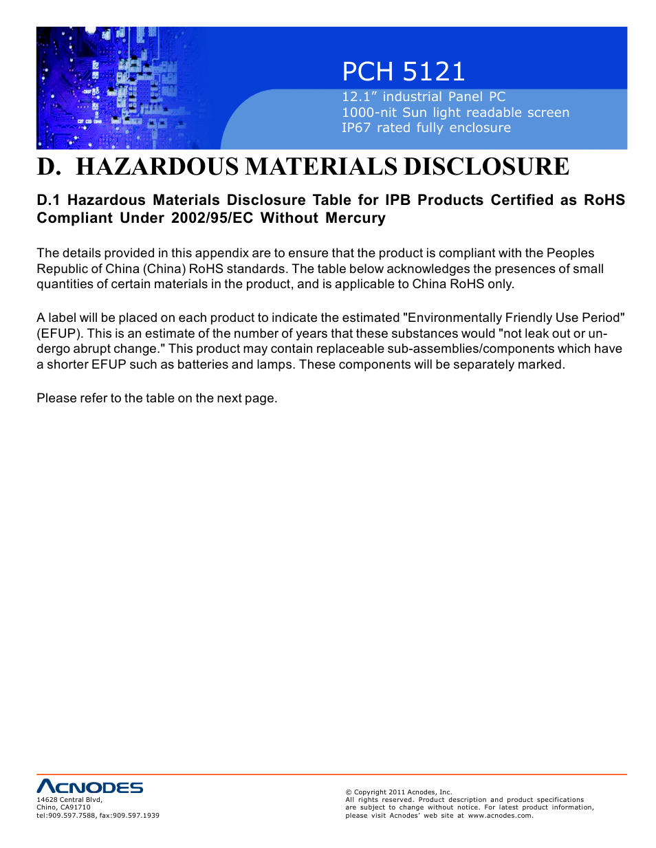 Pch 5121, D. hazardous materials disclosure | Acnodes PCH 5121 User Manual | Page 80 / 82