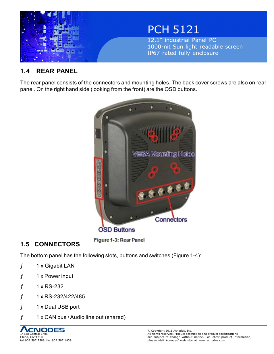 Pch 5121, 4 rear panel, 5 connectors | Acnodes PCH 5121 User Manual | Page 9 / 82