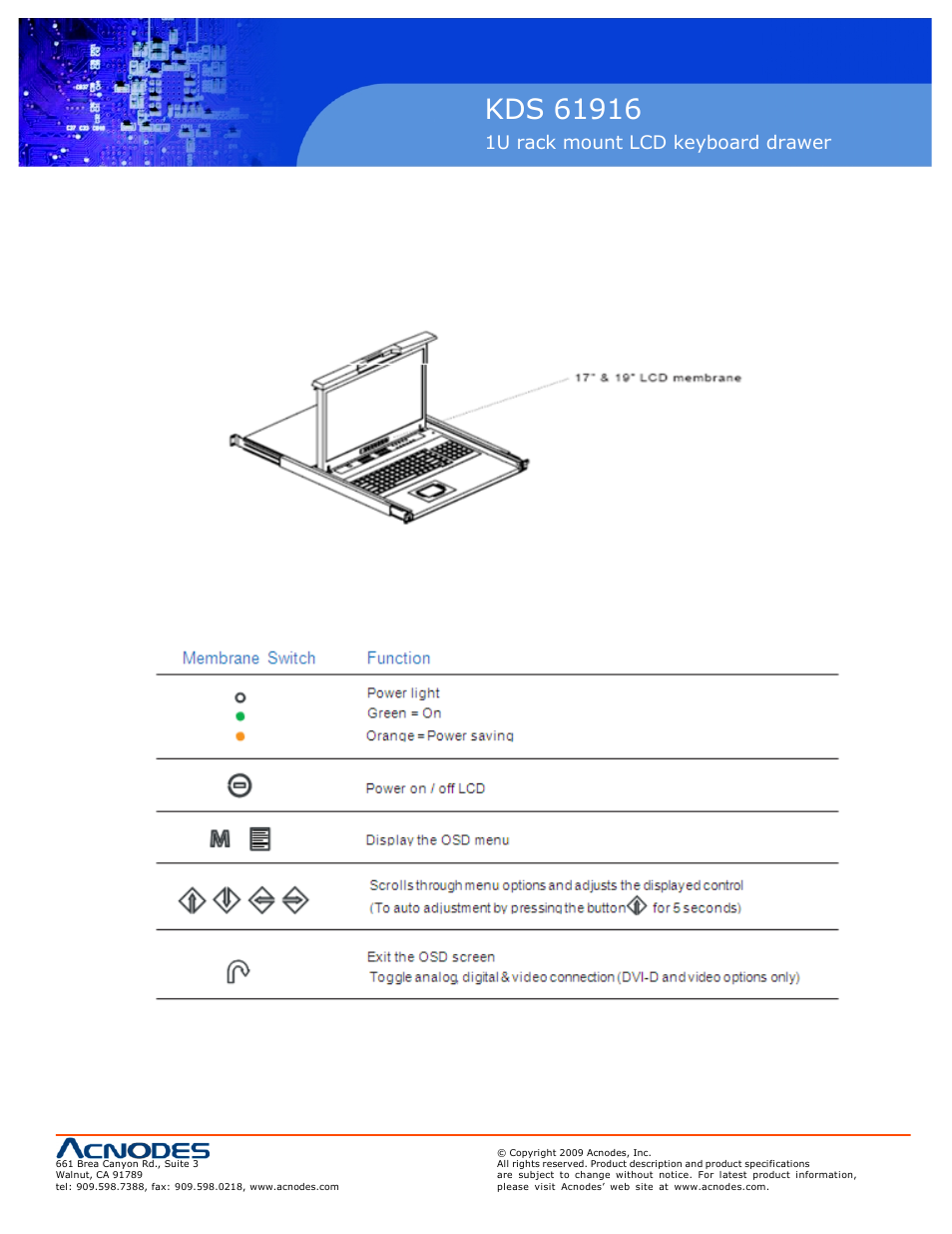 Chapter 2, 1u rack mount lcd keyboard drawer, 1 on screen display option 11 | Acnodes KDS 61916 User Manual | Page 13 / 25