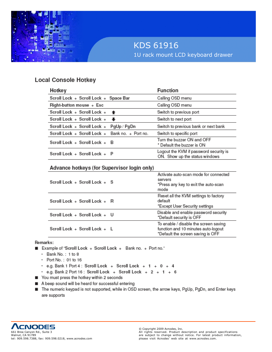 1u rack mount lcd keyboard drawer, 7 kvm hotkey 20 | Acnodes KDS 61916 User Manual | Page 22 / 25
