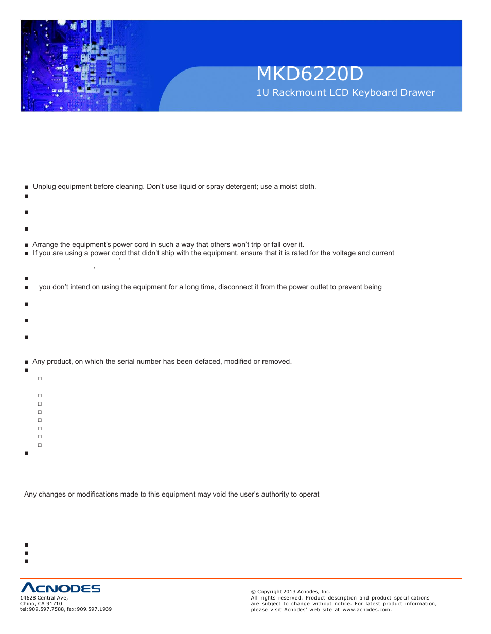 Mkd6220d, 1u rackmount lcd keyboard drawer | Acnodes MKD 6220D User Manual | Page 2 / 14