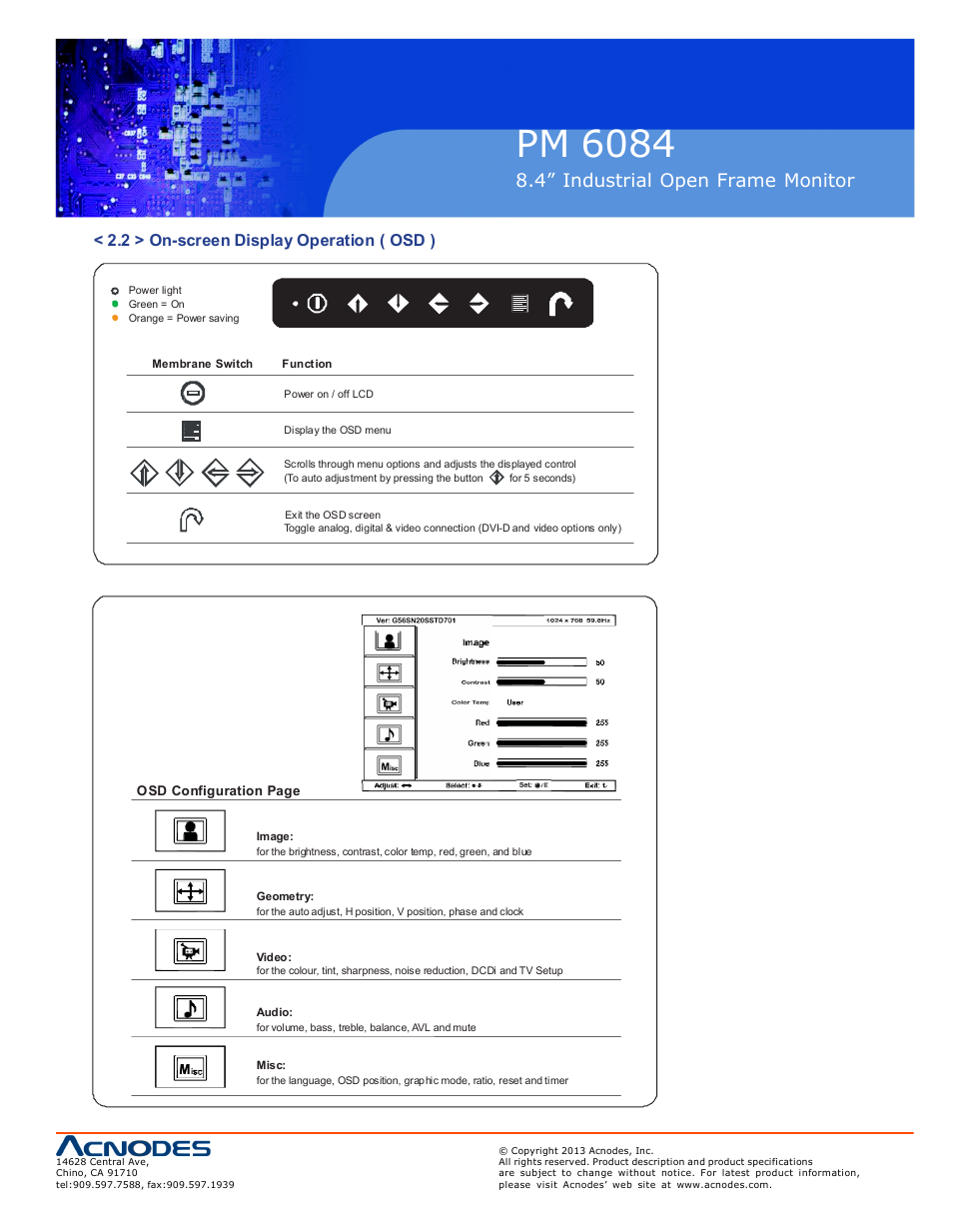Pm 6084, 4” industrial o pen frame moni tor, 2 > on-screen display operation ( osd ) | Acnodes PM 6084 User Manual | Page 11 / 18