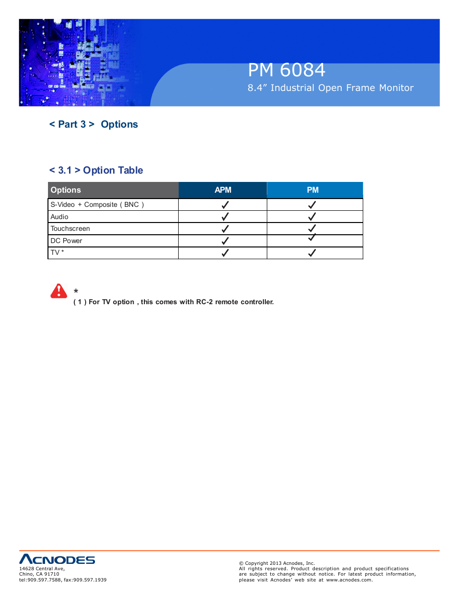Pm 6084, Part 3 > options < 3.1 > option table | Acnodes PM 6084 User Manual | Page 12 / 18